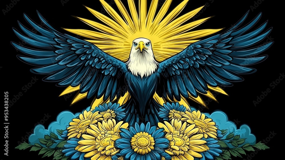 Fototapeta premium Blue-yellow bird on yellow-blue flowers against black backdrop