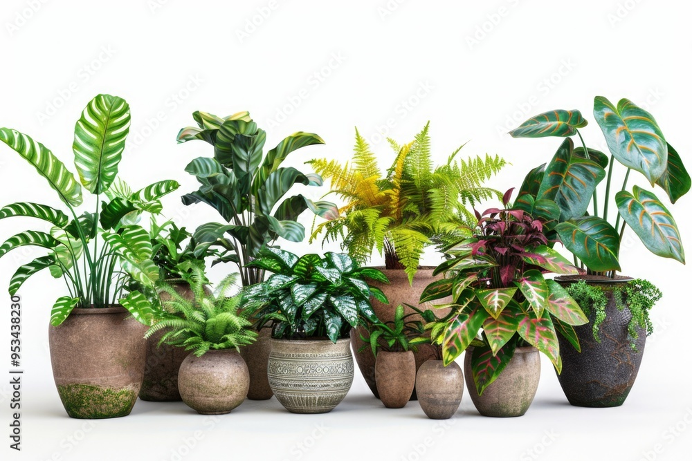 Group of potted plants arranged on a clean white surface, ideal for home decor or interior design concepts Group of potted plants arranged on a clean white surface, ideal for home decor or interior design concepts