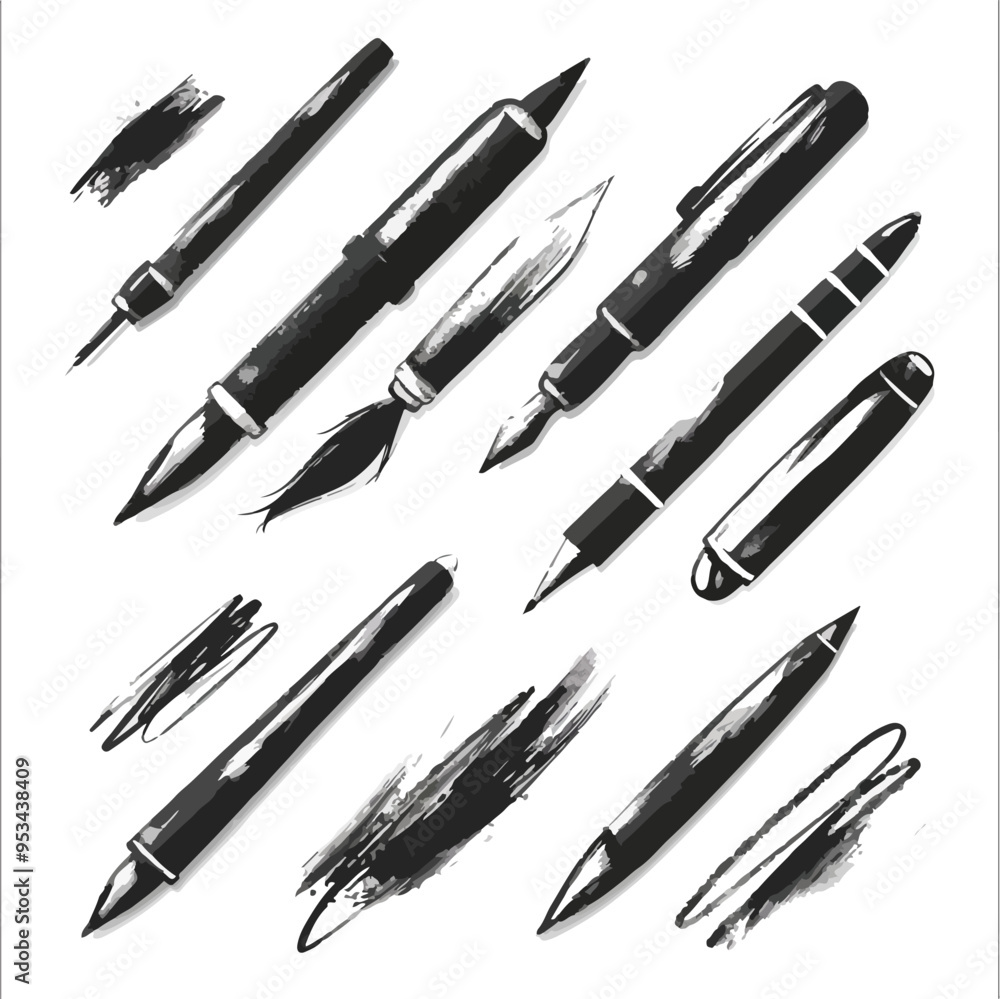 Fototapeta premium Charcoal Doodle Scribble Writing Drawing Tools Illustration Set Pen Marker Brush Highlighter Stationery for Office Art School Design Element Creative Hand Drawn Icon Collection