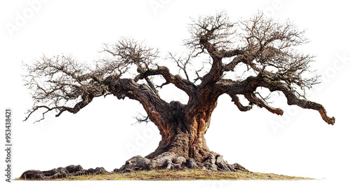 Large old tree with gnarled roots and twisted branches, cut out