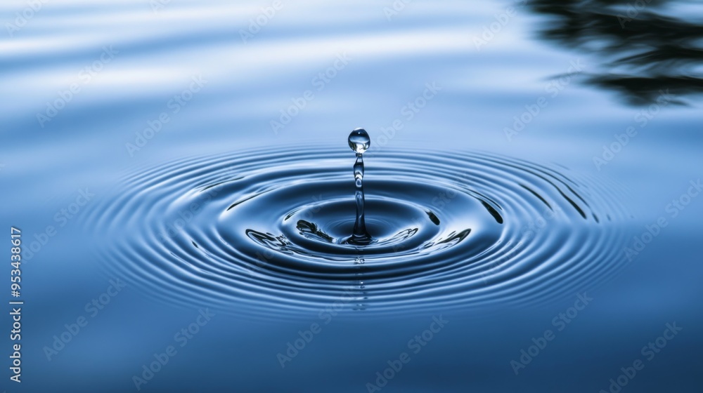 Water droplet splashing into a calm pool of water, with ripples radiating outward and the moment of impact frozen in time Water droplet splashing into a calm pool of water, with ripples radiating outward and the moment of impact frozen in time