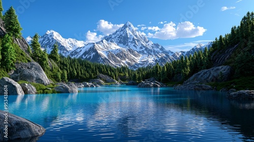 Majestic mountain range with snow-capped peaks, breathtaking vistas, rugged terrain, pristine nature, grandeur, pencil sketch, high-quality, realistic :: alpine lake, hiking trails, mountain