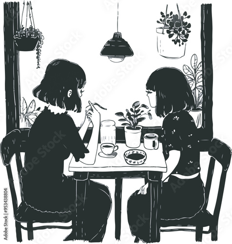 Minimalist illustration of two women enjoying a cozy conversation over drinks in a cafe plants and a window creating a relaxed urban lifestyle aesthetic