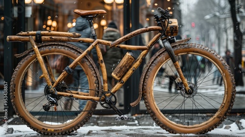 A distinctive bicycle crafted from wood stands on snowy urban streets, highlighting its rustic design against a backdrop of city life bustling in winter