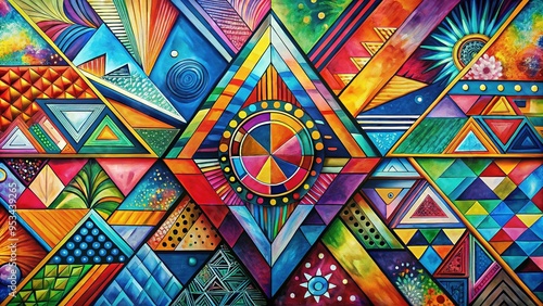 Vibrant geometries converge in a dynamic triangle composition, where intricate patterns and bold brushstrokes ignite a visually striking and modern art piece, bursting with energy.