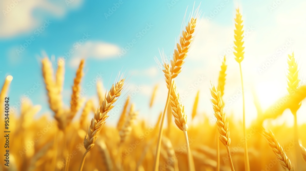 Golden wheat field under a bright sun with blue skies. Close-up of wheat ears glowing in sunlight, symbolizing agriculture and harvest. Golden wheat field under a bright sun with blue skies. Close-up of wheat ears glowing in sunlight, symbolizing agriculture and harvest.