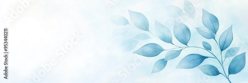 Blue azure turquoise abstract watercolor background with leaves pattern