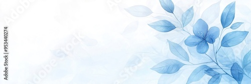 Blue azure turquoise abstract watercolor background with leaves pattern