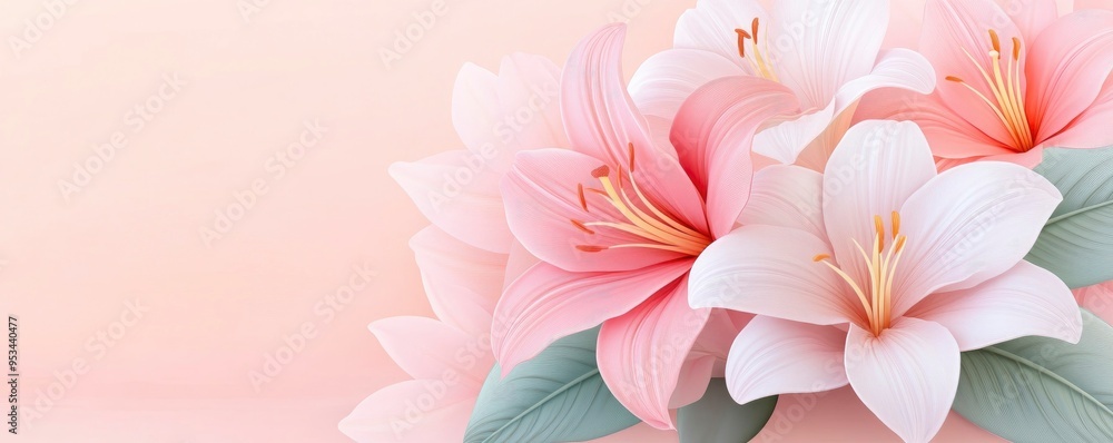 Fototapeta premium pink flowers with white spots on them. The flowers are in a vase and are surrounded by green leaves. The image has a soft and delicate feel to it, with the pink flowers being the main focus
