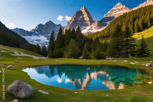 Enchanting Alpine Landscape with Vibrant Pond at the Foot of Majestic Mountains