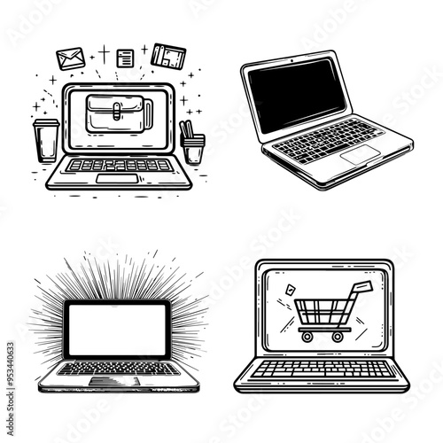 Collection of Hand-Drawn Laptop Illustrations for Digital Work and Shopping Concepts, Perfect for Black Friday Sales