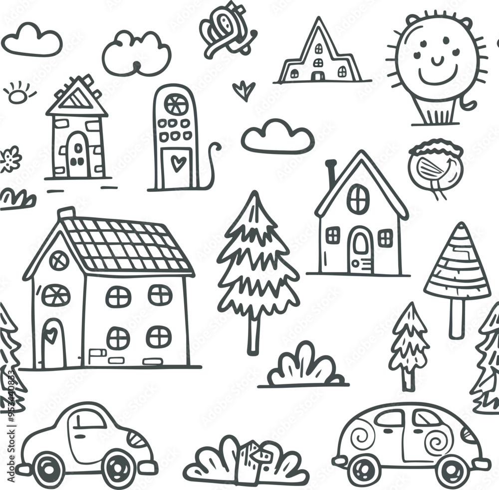 Charcoal doodle cityscape seamless pattern whimsical buildings trees cars clouds and sun in a childlike illustration style perfect for s textiles packaging and digital projects Charcoal doodle cityscape seamless pattern whimsical buildings trees cars clouds and sun in a childlike illustration style perfect for s textiles packaging and digital projects