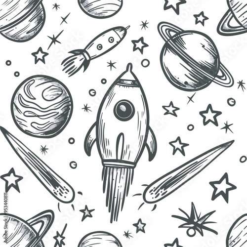 Charcoal doodle scribble seamless pattern space rockets planets stars and galaxies perfect for kids wallpaper wrapping design cosmic exploration and astronomy themed illustrations