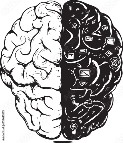 Charcoal doodle illustration of a human brain in depicting the contrast between logic and creativity highlighting left and right brain thinking for educational and psychological concepts