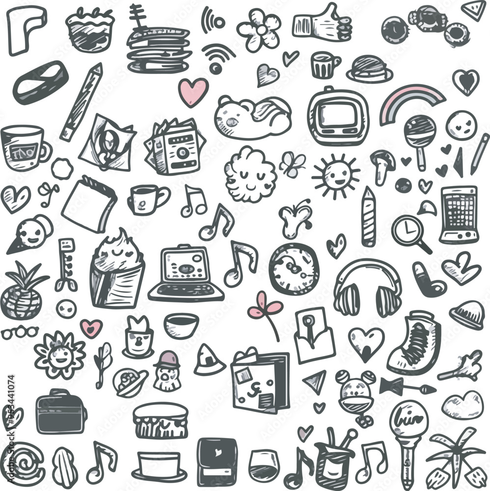 Seamless charcoal doodle pattern hand drawn icons of everyday life objects including travel food technology music and social media symbols perfect for wallpaper and wrapping paper design Seamless charcoal doodle pattern hand drawn icons of everyday life objects including travel food technology music and social media symbols perfect for wallpaper and wrapping paper design