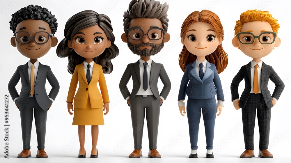 Isolated 3D cartoon portraits of office workers in professional attire on a white background Isolated 3D cartoon portraits of office workers in professional attire on a white background