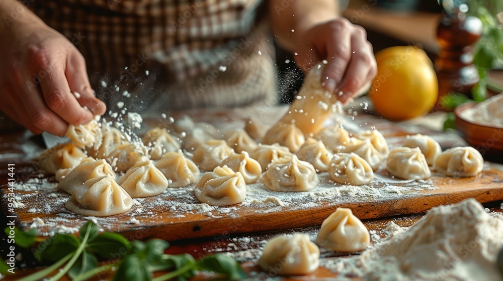 A chef skillfully shapes dumplings on a wooden board, surrounded by flour and fresh herbs, while bright afternoon light fills the cozy kitchen space A chef skillfully shapes dumplings on a wooden board, surrounded by flour and fresh herbs, while bright afternoon light fills the cozy kitchen space