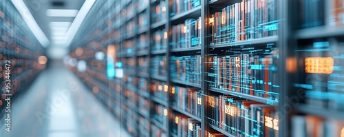 A futuristic digital library with bookshelves stretching into a glowing virtual landscape, representing the vastness of online knowledge