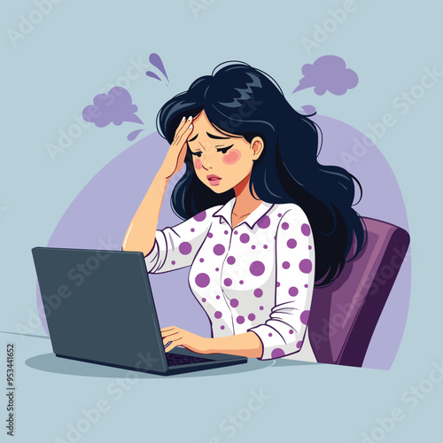 A stressed woman is sitting in chair with laptop, Hand drawn flat design
