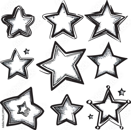 Collection of nine unique hand drawn charcoal doodle stars set on a white ideal for design elements icons symbols stickers and decorative purposes for various projects.