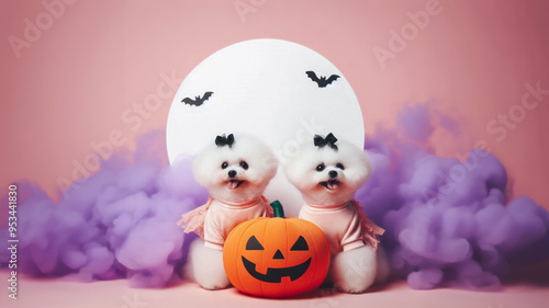 Funny Puppy dog in halloween festival costume on pastel background. Halloween Concept. photo