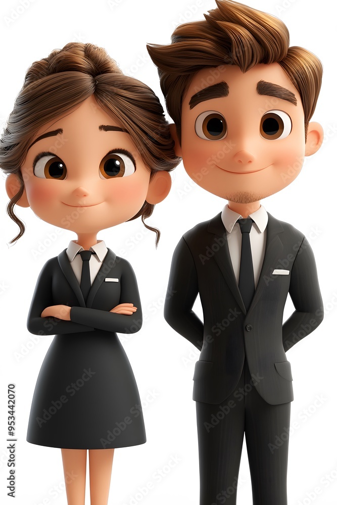 Isolated 3D cartoon animation of professional workers in office attire on a white background