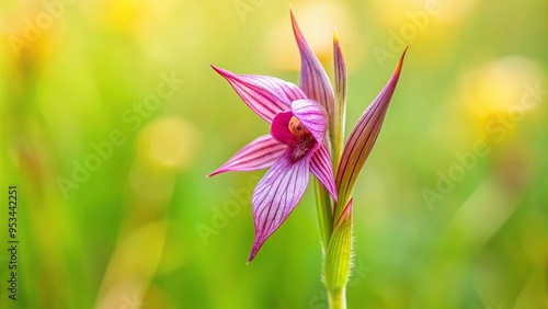 Close up of rare Aerial Wild Orchid with one flower stem against soft background photo