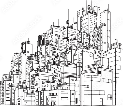 Charcoal Doodle Scribble of a Dense Cityscape Urban Sprawl Hand Drawn Illustration in Showcasing Architecture Buildings Line Art Design of Metropolis Skyscrapers