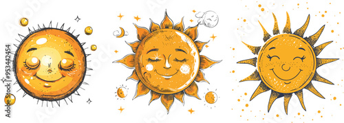 Charcoal Doodle Scribble Set cute cartoon suns in hand drawn style with celestial illustrations of stars and moon showcasing different emotions for summer solstice and kids design elements