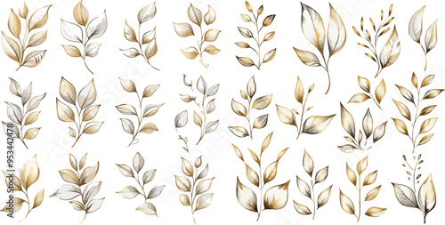 Charcoal Doodle Scribble Watercolor Floral Illustration Set in Gold Beige Ivory with Neutral Color Palette Leaves and Stems for Boho Wedding Invitations and Graphic Design Elements