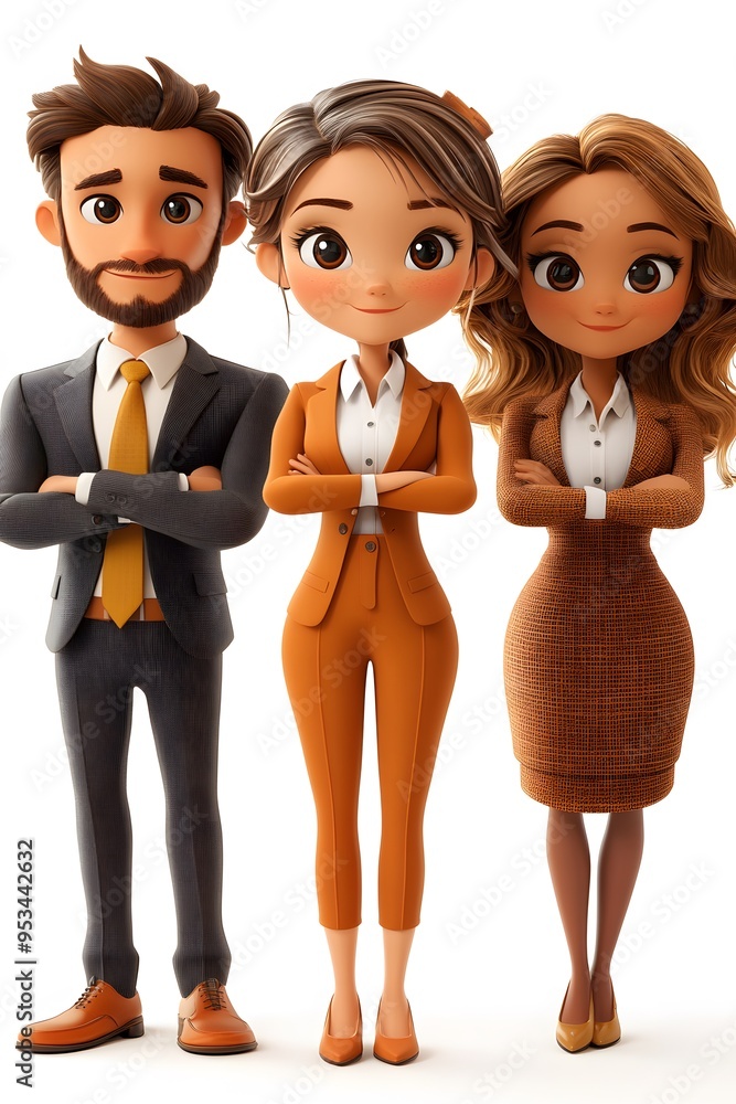 Fototapeta premium 3D cartoon render of professional office workers in formal attire, isolated on a white background