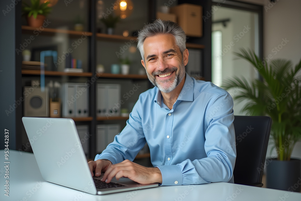 Smiling mature adult business man executive sitting at desk using laptop. Happy busy professional mid aged businessman ceo manager working on computer corporate technology in office Smiling mature adult business man executive sitting at desk using laptop. Happy busy professional mid aged businessman ceo manager working on computer corporate technology in office