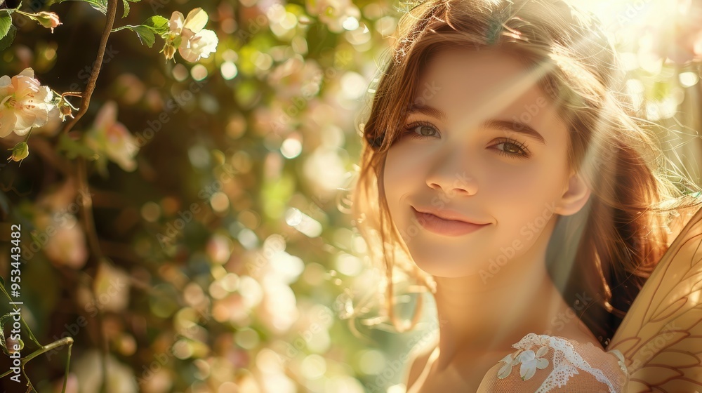 Dreamy young woman surrounded by magical garden. Sunlight filters through foliage, creating a fairy-tale atmosphere with glittering particles that enhance enchantment of scene. Dreamy young woman surrounded by magical garden. Sunlight filters through foliage, creating a fairy-tale atmosphere with glittering particles that enhance enchantment of scene.