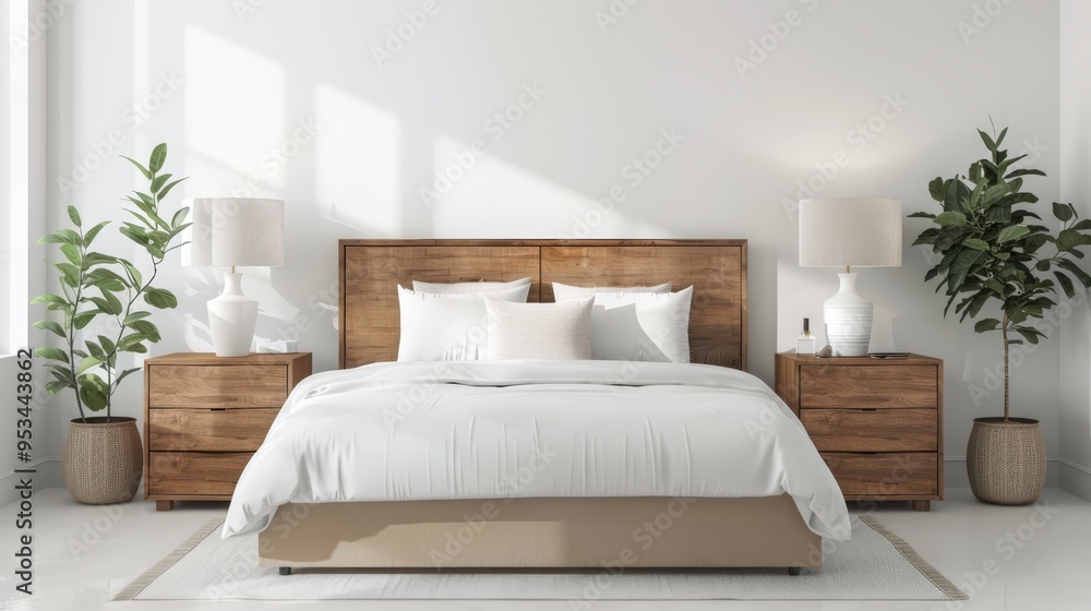 Stylish minimalist bedroom with wooden furniture and plants in bright natural light Stylish minimalist bedroom with wooden furniture and plants in bright natural light