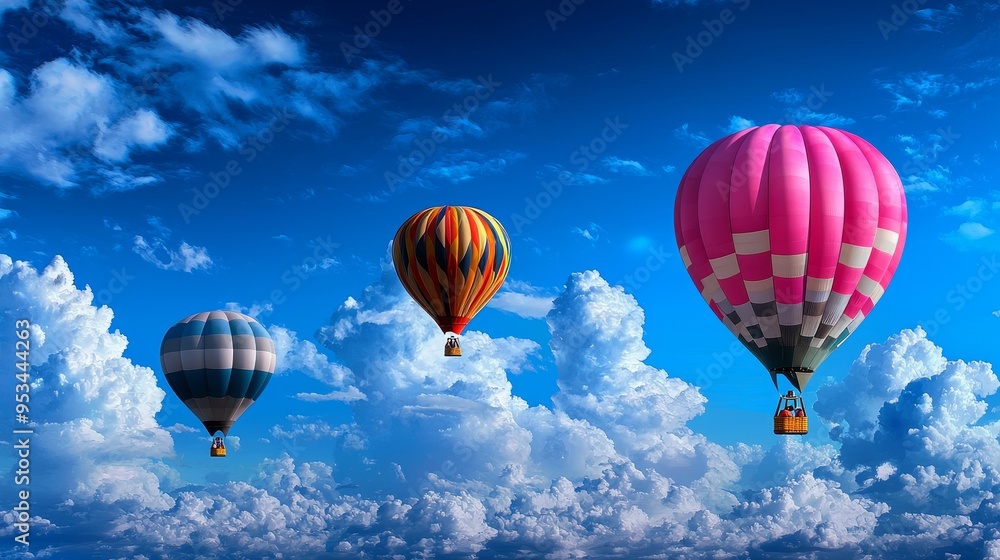 Naklejka premium Whimsical hot air balloon festival with colorful balloons, floating dreams, sky-high adventure, aerial spectacle, pencil illustration, high-quality, clipart :: picturesque landscapes, gentle