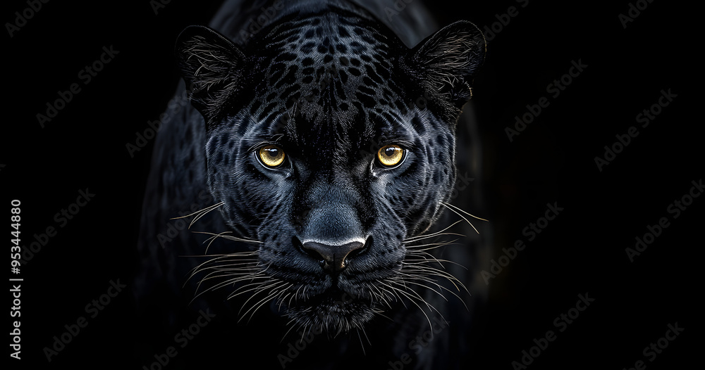 Front view of Panther on black background. Wild animals banner with copy space. Predator series. Front view of Panther on black background. Wild animals banner with copy space. Predator series.