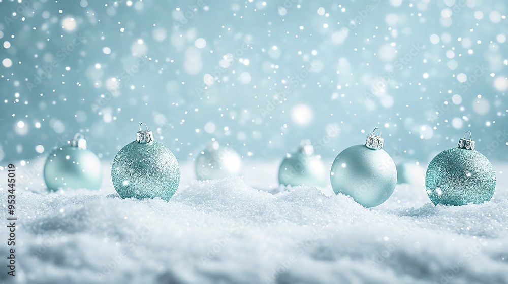 snow background with light green baubles ornaments on light teal background snow background with light green baubles ornaments on light teal background