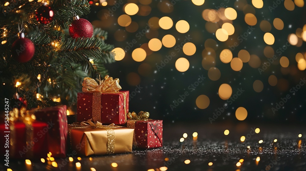 Holiday illumination and decoration concept at christmas time, bokeh lights over dark green background, christmas tree with presents Holiday illumination and decoration concept at christmas time, bokeh lights over dark green background, christmas tree with presents