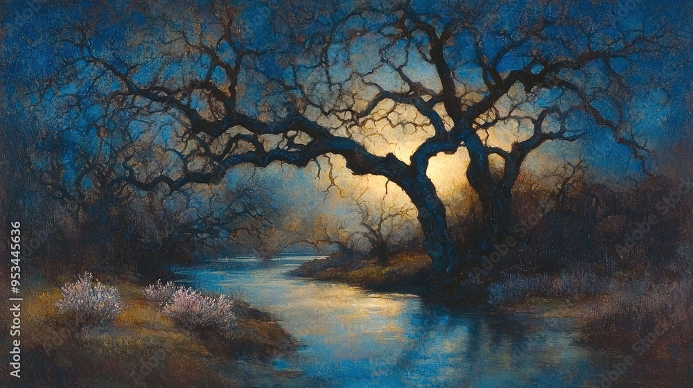 A painting of a river with a tree in the foreground and a full moon in the sky in the background A painting of a river with a tree in the foreground and a full moon in the sky in the background