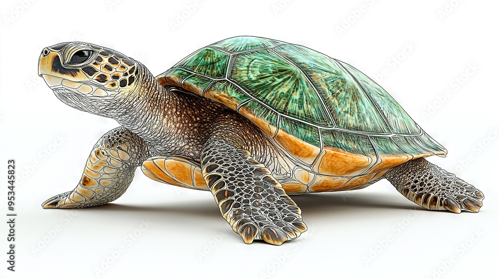 Fototapeta premium a turtle on a white background, featuring a green and yellow shell on its back