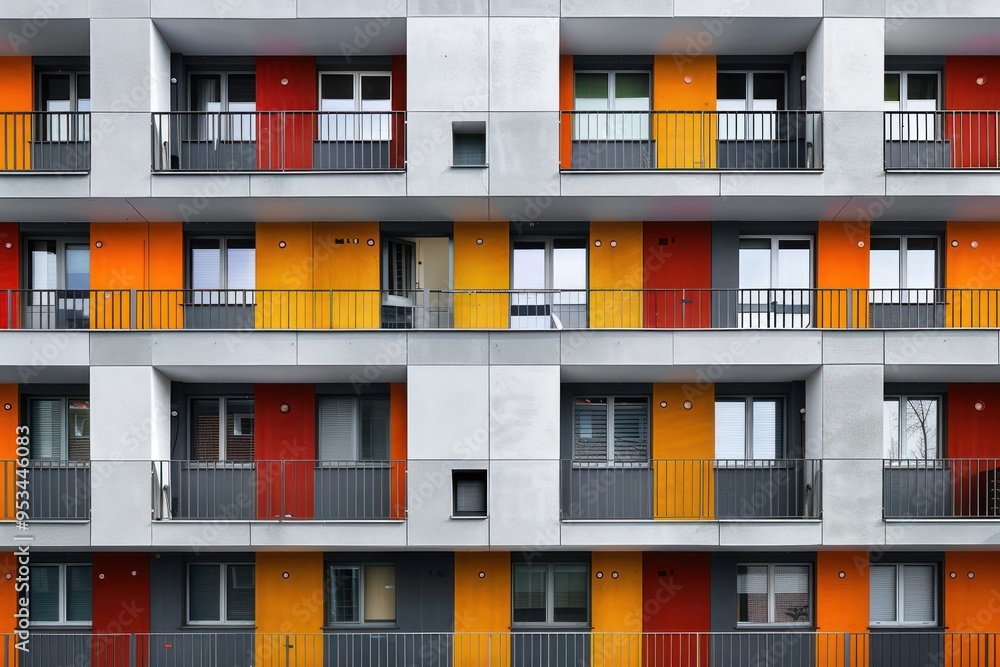 Modern Apartment Building Facade with Colorful Balconies Modern Apartment Building Facade with Colorful Balconies