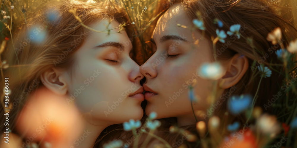 Close up of romantic female couple embracing in field of flowers during sunset, highlighting tender emotions, capturing the warmth and intimacy of LGBT relationships Close up of romantic female couple embracing in field of flowers during sunset, highlighting tender emotions, capturing the warmth and intimacy of LGBT relationships