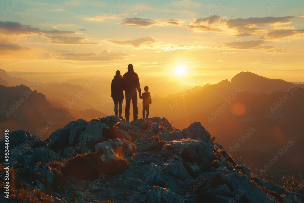 Family of three stands on mountain peak, holding hands and enjoying stunning sunset over vast landscape, back view of family on top of mountain Family of three stands on mountain peak, holding hands and enjoying stunning sunset over vast landscape, back view of family on top of mountain