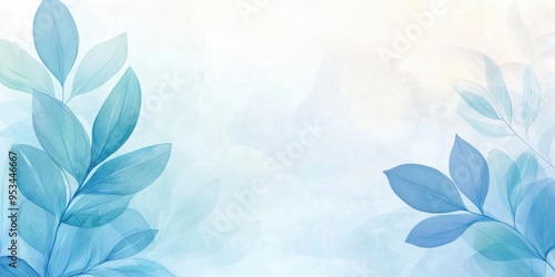 Blue azure turquoise abstract watercolor background with leaves pattern