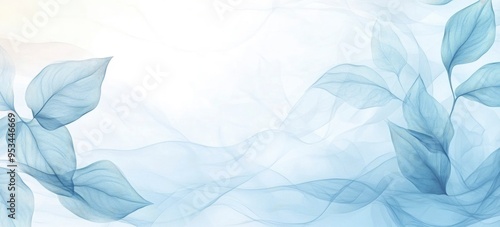 Blue azure turquoise abstract watercolor background with leaves pattern