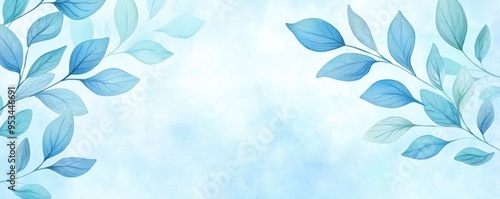 Blue azure turquoise abstract watercolor background with leaves pattern