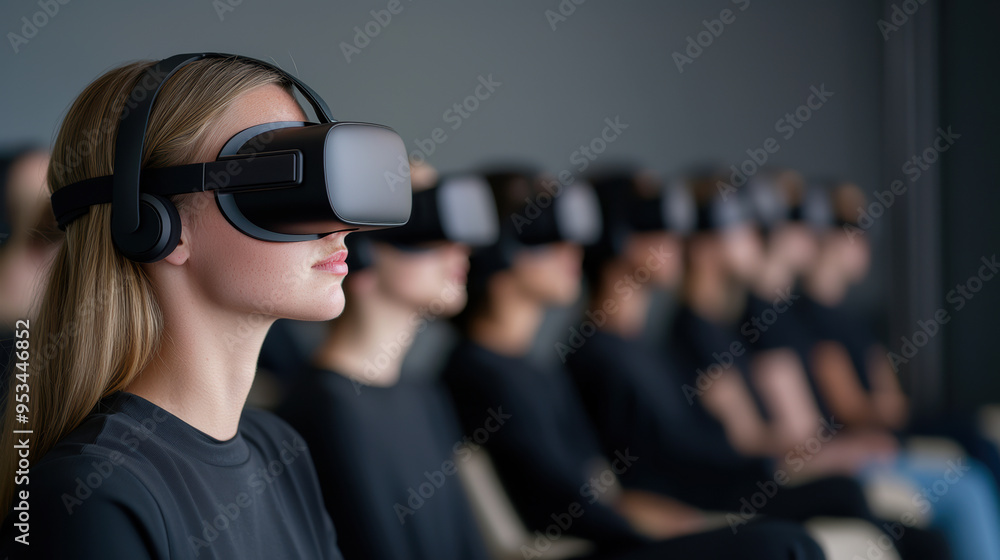 Students watch a lecture by a university professor wearing virtual reality glasses, the concept of combining cyboreality and man, the development of modern technologies Students watch a lecture by a university professor wearing virtual reality glasses, the concept of combining cyboreality and man, the development of modern technologies