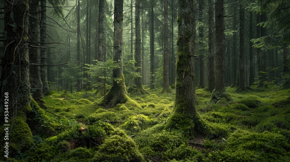 Obraz premium A dense forest covered in lush green moss