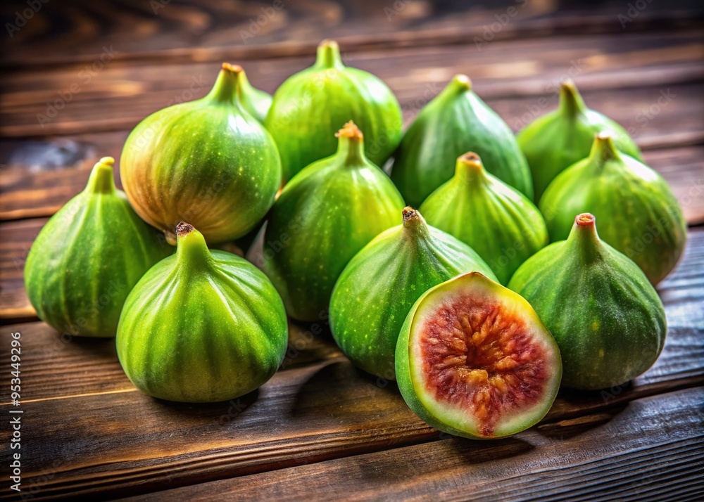 Vibrant green Xenosa figs, with delicate brown stems and subtle wrinkles, scattered on a rustic wooden table, surrounded by soft, warm, natural light. Vibrant green Xenosa figs, with delicate brown stems and subtle wrinkles, scattered on a rustic wooden table, surrounded by soft, warm, natural light.