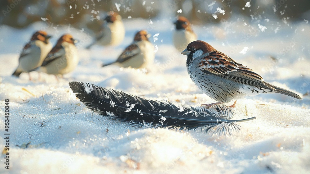 A flock of birds perched atop a single feather atop a mound of snow adjacent to another feather A flock of birds perched atop a single feather atop a mound of snow adjacent to another feather